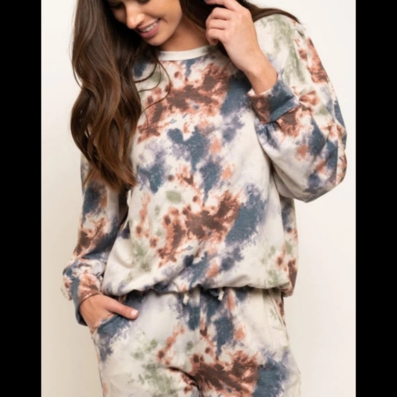 5⭐ soft two-piece boho tie-dye crewneck sweater and jogger pants loungewear set - Picture 2 of 6